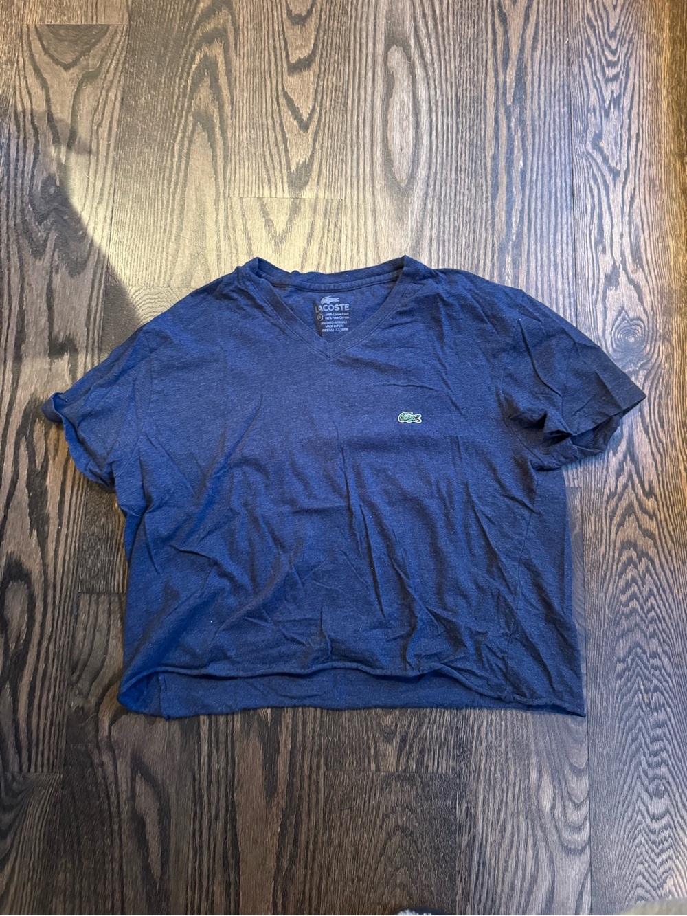 Lacoste Navy V-Neck Crop Tee with Crocodile Logo
